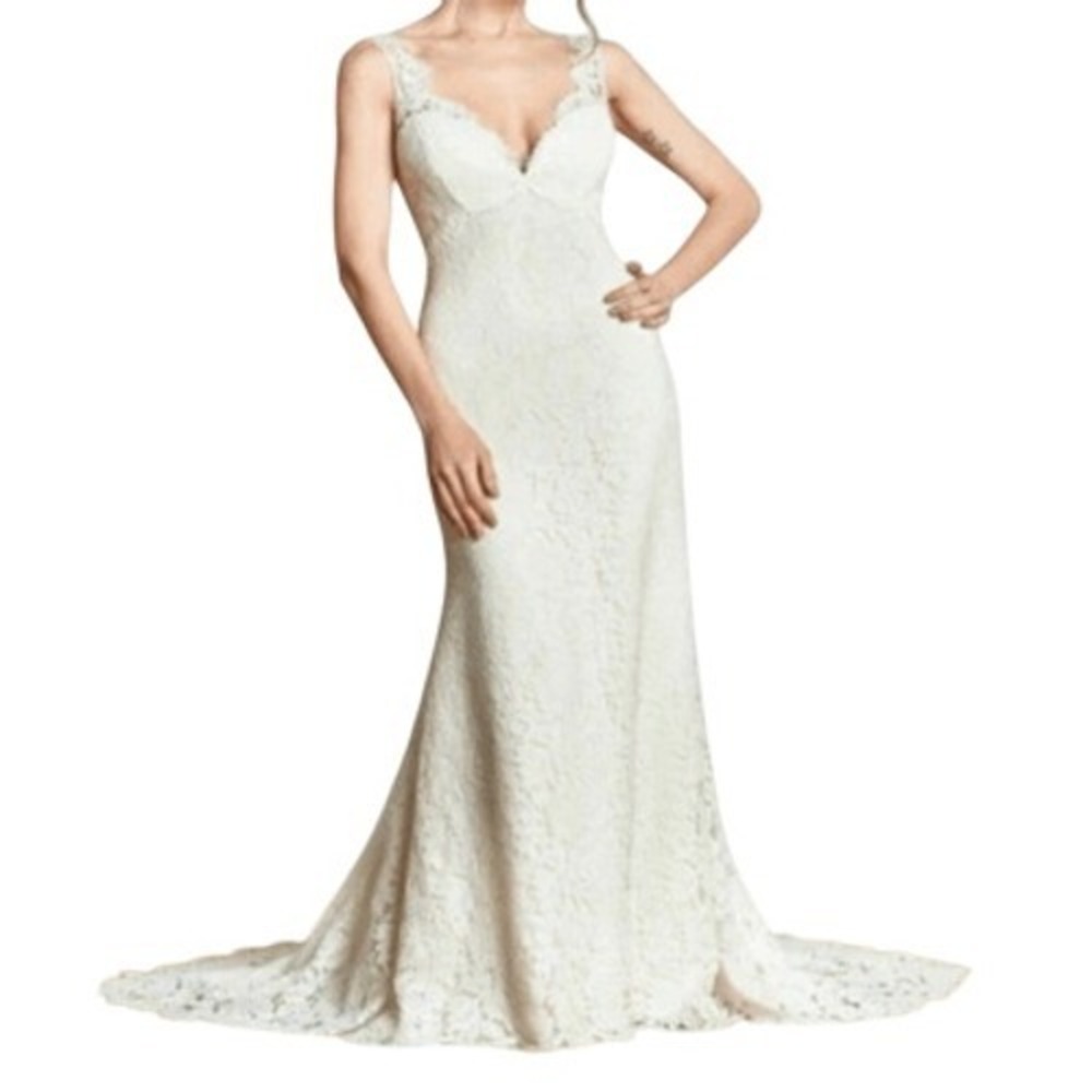 Rebecca Schoneveld Ivory Lace Wedding Gown Open Back Plunge Bridal Dress Size 10